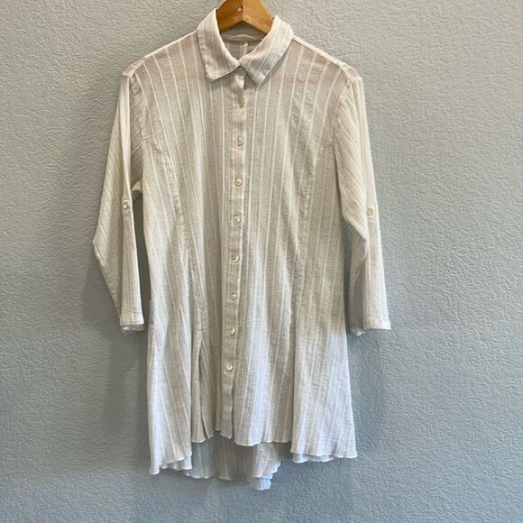 Soft Surroundings Cream with Gold Metallic Stripe Gauze Button Down Blouse Small - Picture 1 of 8